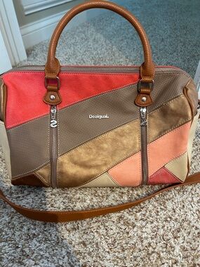 Desigual Patchwork Satchel in Coral, Gold & Tan Accents